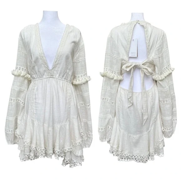 Hemant & Nandita Boho Ruby Long Sleeve Mini Dress White XL - Picture 3 of 8